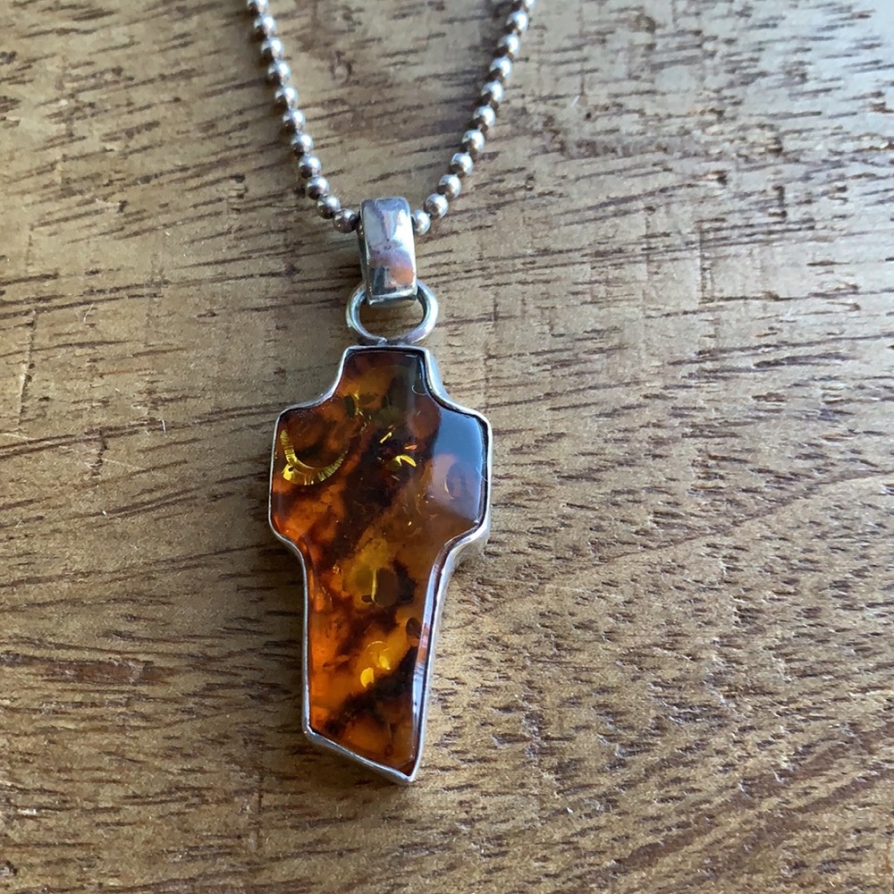Amber Cross Necklace Encased in Sterling Silver